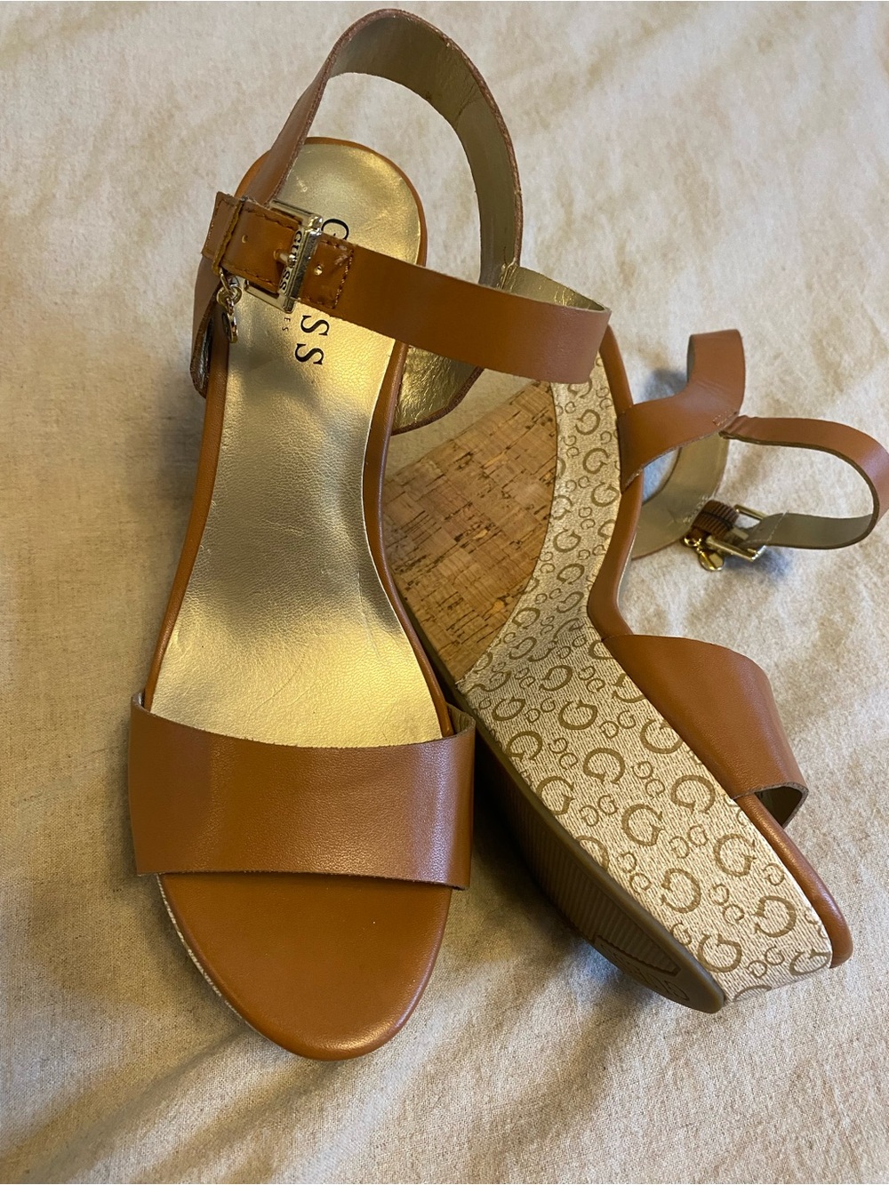 GUESS Signature Logo Monogram Strappy Cork Wedge Sandals new 7.5